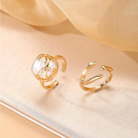 Gold 2pc Geometric Adjustable Ring Set - Picture 2 of 2